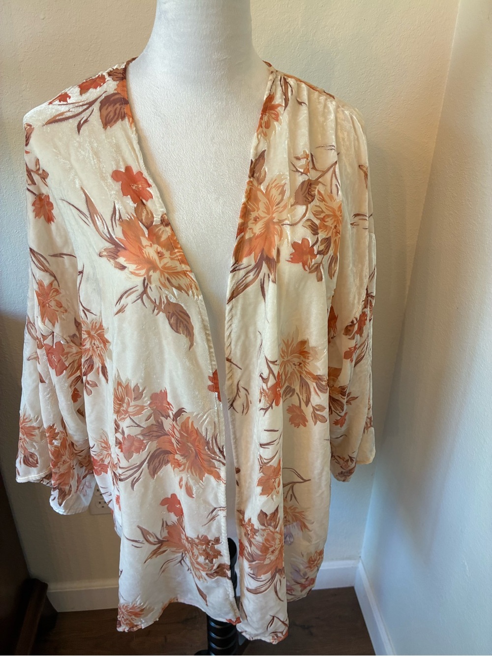 Forever 21 Cream Floral Open-Front Tunic/Kimono with Orange Accents